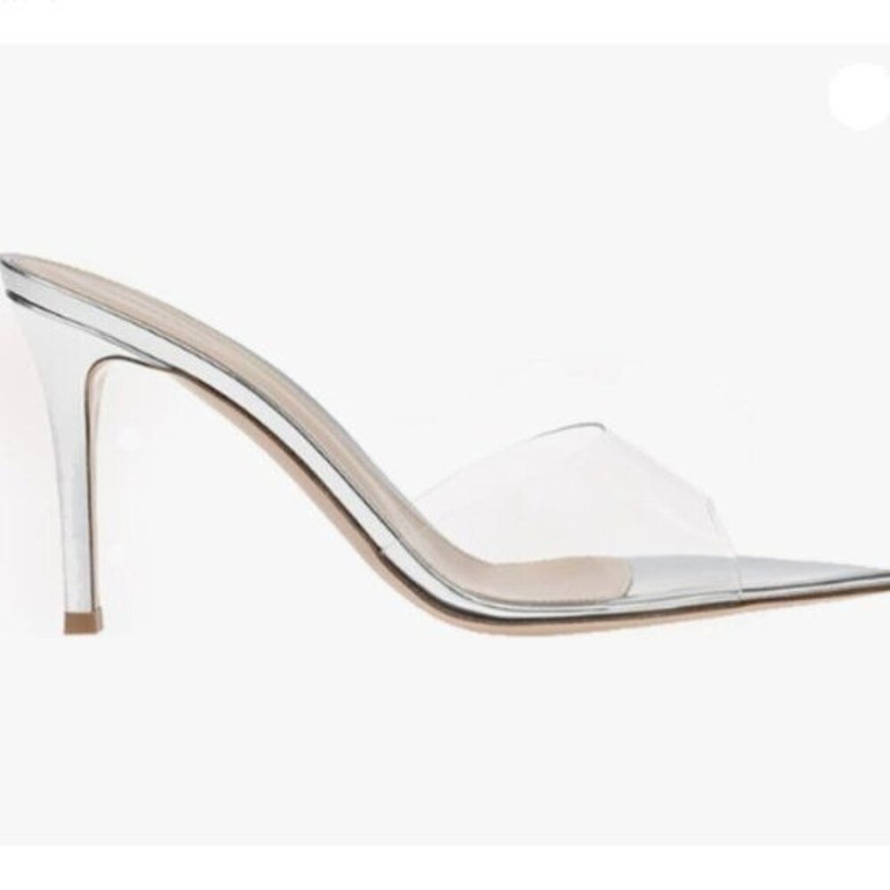 Women's Pointed Open Toe Stiletto Heel Slide Sandals  High Heels Mules Silver